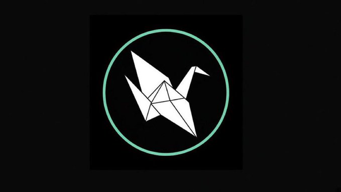 A glowing teal circular logo featuring a geometric origami-style crane/bird design on a black background.