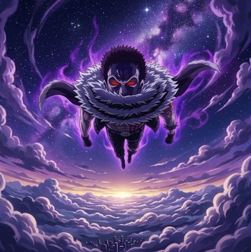 A dark, anime-style figure with glowing red eyes and a fur-lined cape hovers menacingly above a sprawling cityscape at twilight, surrounded by swirling purple clouds and a starry sky. The image evokes a powerful guardian or savior figure, symbolizing protection from a financial threat—mirroring the post's gratitude to @CrypSaf for shielding the crypto community from a major cash grab that caused a dramatic value drop from $98 to $12.