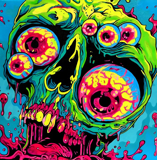 A vibrant, hand-painted digital artwork featuring dripping neon green, yellow, and magenta tones forms a surreal face with multiple bulging eyeballs and a skeletal grin against a turquoise background with paint splatters—matching the post's description of 100% hand-painted art by ACID being sold on Objkt, with proceeds supporting other artists.