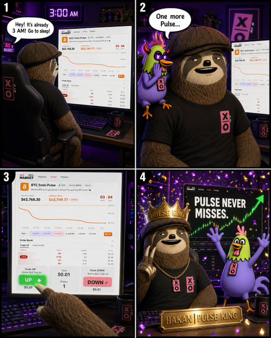 A four-panel comic strip featuring a sloth character named Hakan checking cryptocurrency trading markets at 3:00 AM, with his pet bird encouraging him, ultimately resulting in a successful trade celebrated as 'PULSE NEVER MISSES' with a 'PULSE KING' trophy.