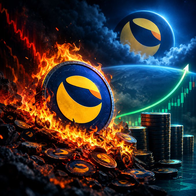 An AI-generated dramatic image of a Terra (LUNA) cryptocurrency coin engulfed in flames with stacks of coins and a green price chart trending upward in the background.