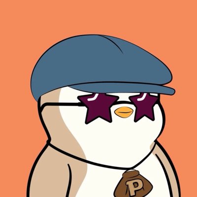 The image shows a cartoon penguin character wearing a blue flat cap and distinctive star-shaped purple sunglasses, holding a small brown pouch or bag with the letter "P" on it, set against an orange background. The cool, stylish penguin avatar visually represents the poster's "ancient penguin" character who has gained a fashionable, "A8 status" appearance to match their crypto earnings.