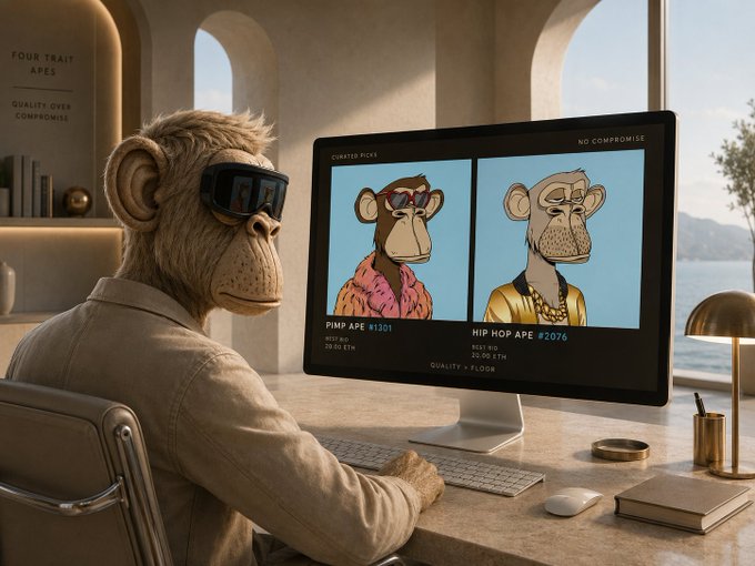 A Bored Ape character wearing sunglasses sits at a minimalist desk reviewing two curated Bored Ape Yacht Club NFT listings on a monitor—Pimp Ape #1301 and Hip Hop Ape #2076—visually echoing the post's focus on hand-picked, clean-profile apes that prioritize quality over floor price.