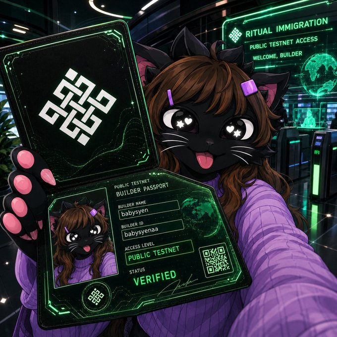 An anime-style cat-girl character with starry eyes holding up a holographic 'BUILDER PASSPORT' showing the name 'babysyen' with VERIFIED status, in a tech-themed 'RITUAL IMMIGRATION' setting.