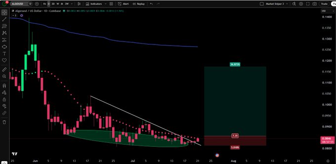 The ALGO/USD chart shows a bullish divergence, suggesting a potential upcoming buy signal and price increase, as highlighted by potential targets in the image.