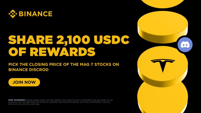 Binance promotional banner offering 'SHARE 2,100 USDC OF REWARDS' for predicting the closing price of MAG 7 stocks on Binance Discord, featuring a Tesla (T) logo on a gold coin with a Discord icon.