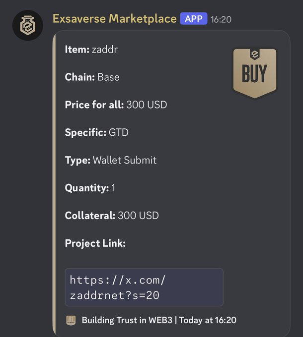 A screenshot from the 'Exsaverse Marketplace' app showing a listing for the item 'zaddr' on the Base chain, priced at 300 USD, with a 'BUY' badge.