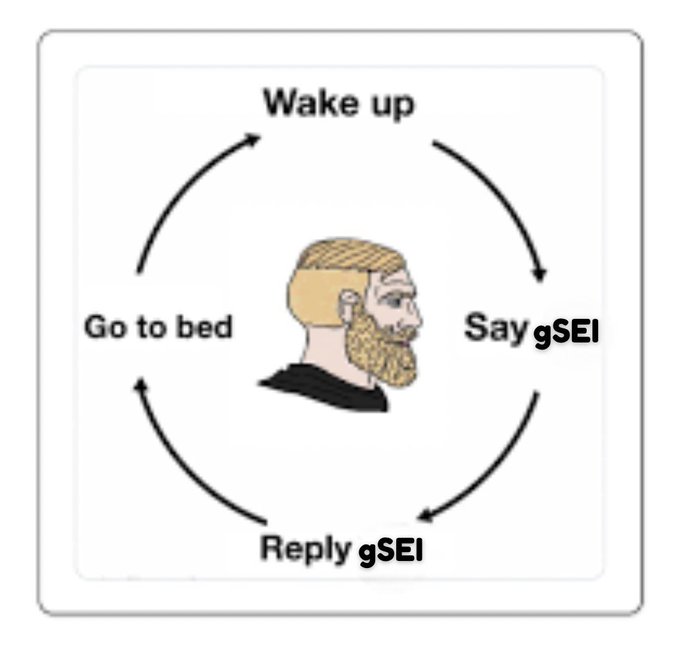 Chad-style meme diagram showing a cyclical daily routine: Wake up → Say gSEI → Reply gSEI → Go to bed, with arrows connecting each step around a bearded blonde man illustration.