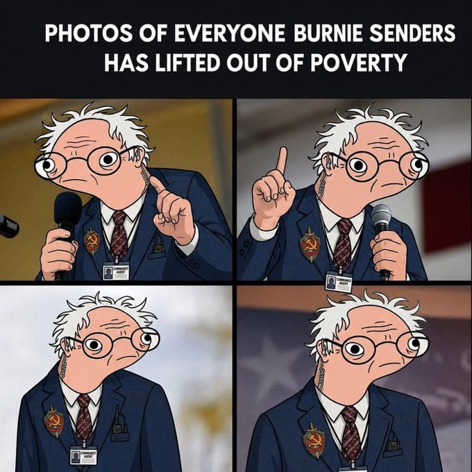 A four-panel meme featuring a cartoon illustration of Bernie Sanders with the caption "PHOTOS OF EVERYONE BURNIE SENDERS HAS LIFTED OUT OF POVERTY", showing him in various poses with a microphone.