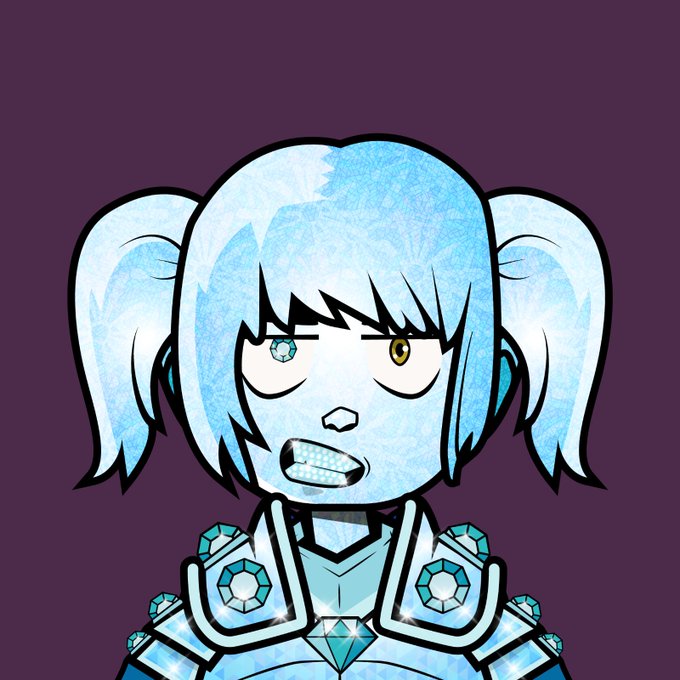Cartoon illustration of a character with light blue pigtails and heterochromia (blue and yellow eyes) wearing an ornate blue and white outfit with gem details.