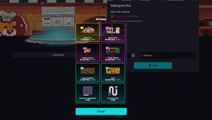 A pixel art video game interface showing a 'Gabagool Box' loot crate with items like Gold Cut, Retro Glitch, and Vintage Vegas, priced at 4.99 MLT with a RUSH button.