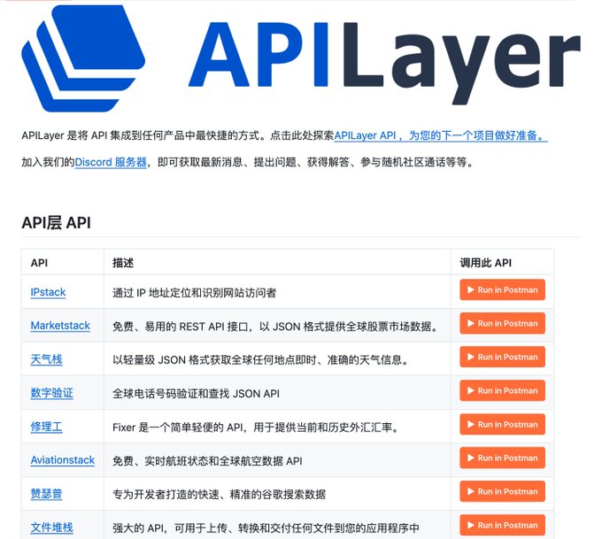 A webpage displaying the APILayer logo and API directory, listing services like IPstack, Marketstack, and Aviationstack with 'Run in Postman' buttons and Chinese descriptive text.