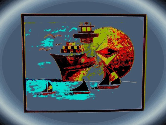 A stylized, heavily distorted digital illustration of a colorful sailing ship on the water.