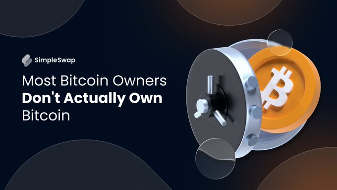 A SimpleSwap promotional graphic titled 'Most Bitcoin Owners Don't Actually Own Bitcoin,' depicting a 3D vault door opening to reveal a Bitcoin coin.
