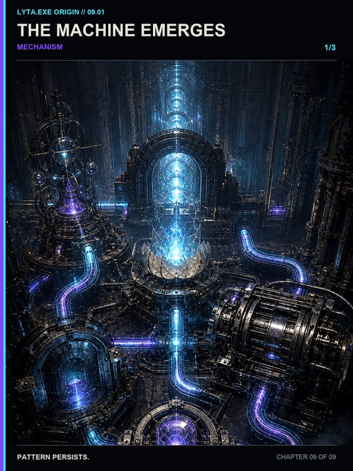 A digital trading card titled 'THE MACHINE EMERGES' from a 'LYTA.EXE ORIGIN' series, featuring an intricate sci-fi mechanism with glowing blue and purple energy tubes, labeled 'PATTERN PERSISTS. CHAPTER 09 OF 09'.