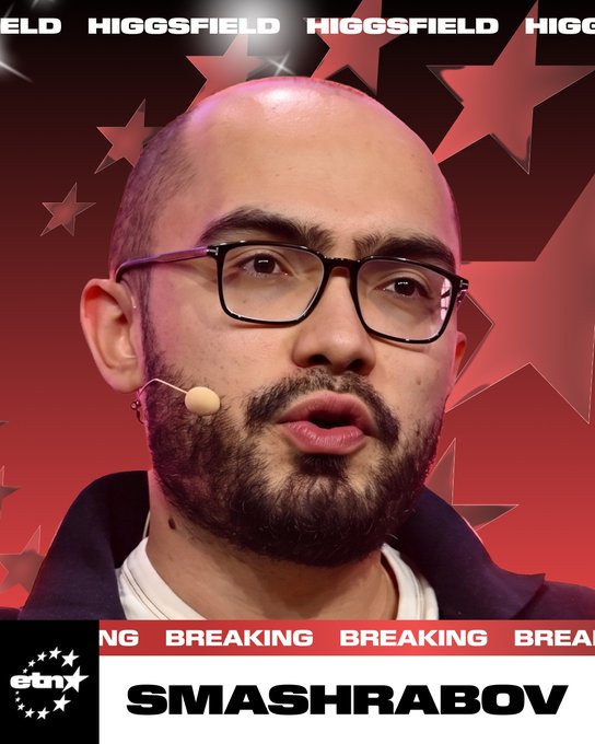 A man with glasses and a beard speaks into a headset microphone against a red starry background, with "HIGGSFIELD" branding at the top and a "BREAKING SMASHRABOV" ticker at the bottom, suggesting an interview or talk show segment. The "SMASHRABOV" label and breaking news format humorously frame his commentary as urgent news, likely responding to the claim about VCs being inactive during summer months.