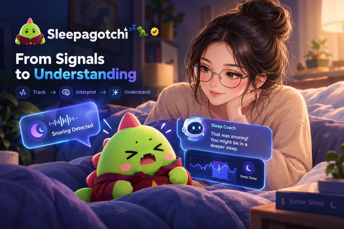 An advertisement for 'Sleepagotchi' showing an anime-style woman looking at a green cartoon creature in bed, with text 'From Signals to Understanding' and 'Sleep Coach'.