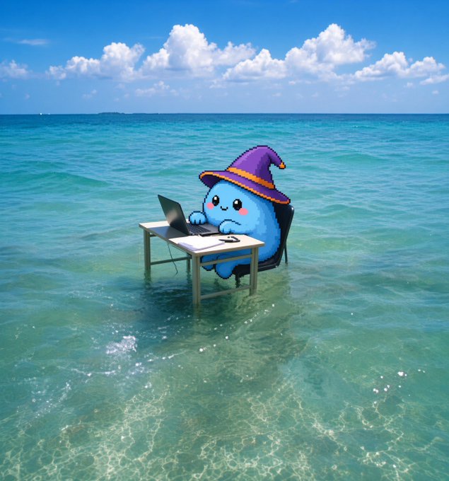 A cute blue cartoon character wearing a purple witch hat works on a laptop at a desk, whimsically placed in the middle of a clear turquoise ocean.
