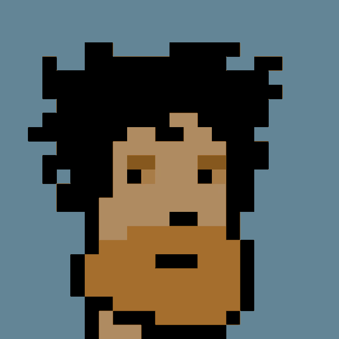 A low-resolution, pixel art portrait of a person with dark curly hair and a tan complexion set against a solid light blue background.