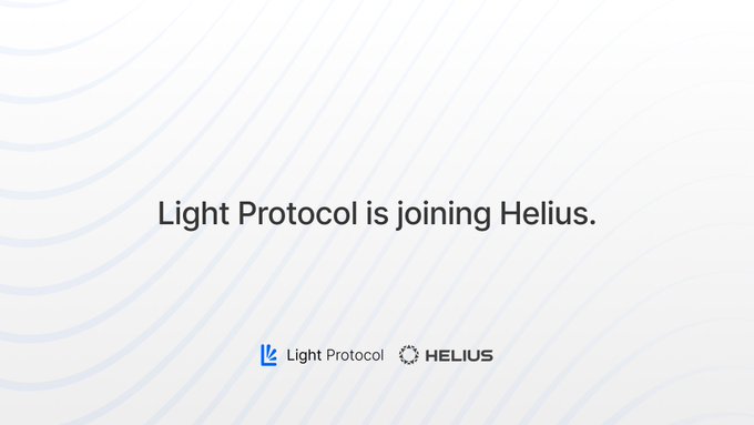 The image features a white background with blue text that reads "Light Protocol is joining Helius". The text also includes logos for Helius and Light Protocol, indicating their collaboration or partnership.