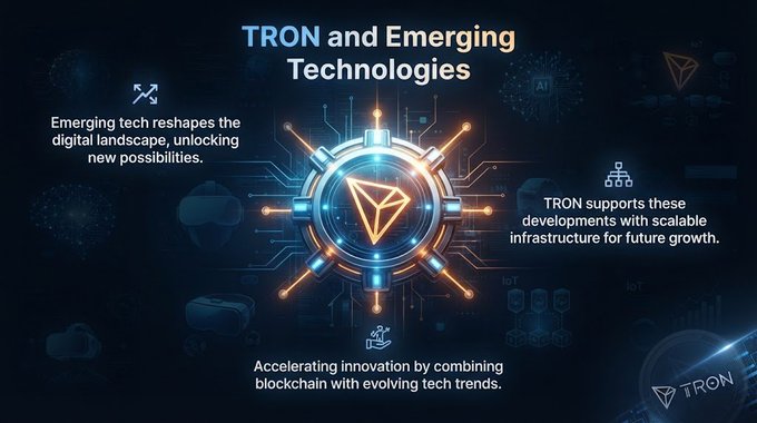 A dark-themed promotional graphic titled 'TRON and Emerging Technologies' with a glowing TRON logo at the center, flanked by text about blockchain innovation and scalable infrastructure.