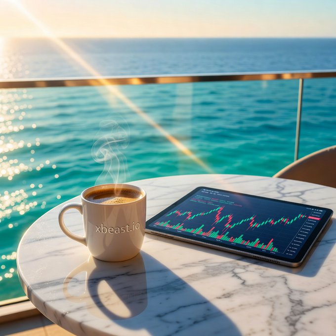 A steaming cup of coffee next to a tablet displaying a green and red stock/crypto chart on a marble table overlooking the ocean at sunset, with 'xbeast.io' watermark.