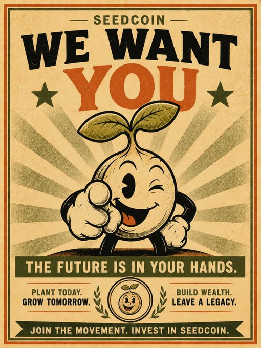 A vintage-style recruitment poster for "SEEDCOIN" featuring a winking cartoon seed mascot pointing at the viewer, with the text "WE WANT YOU" and "THE FUTURE IS IN YOUR HANDS."