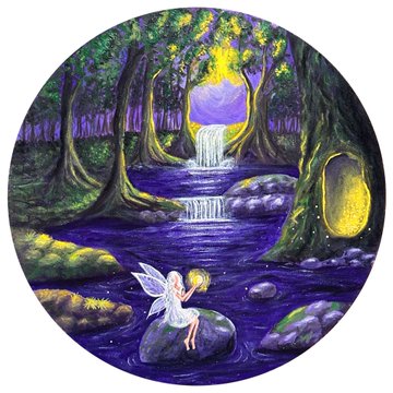 Circular fantasy artwork depicting a fairy sitting on a rock in a purple stream beneath a glowing waterfall in a mystical forest, with a glowing doorway visible in a tree on the right.