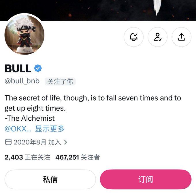 A Twitter/X profile for 'BULL' (@bull_bnb) with a verified checkmark, featuring a quote: 'The secret of life, though, is to fall seven times and to get up eight times. -The Alchemist', with 467,251 followers.