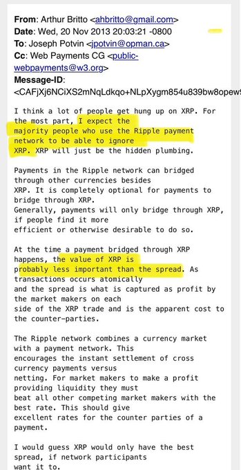 An email from Arthur Britto (ahbritto@gmail.com) to Joseph Potvin dated November 20, 2013, discussing the role of XRP as "hidden plumbing" in the Ripple network. Highlighted text emphasizes that most Ripple network users "will be able to ignore XRP" since the value of XRP is "probably less important than the spread" in most transactions.