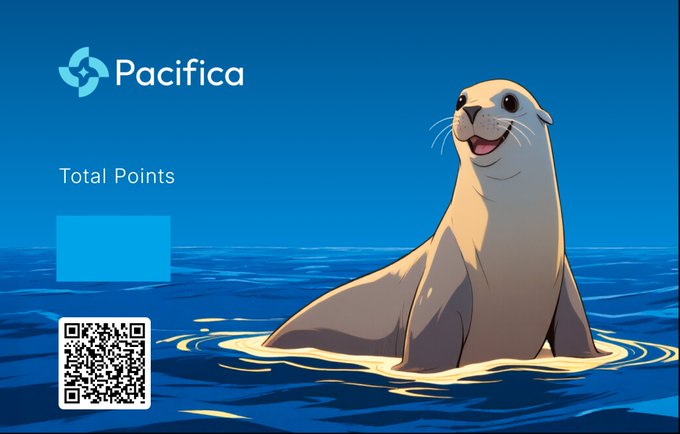 The image features a Pacifica promotional graphic with the "Pacifica" logo in the top left, a "Total Points" label above a blank blue box, a QR code in the bottom left corner, and a friendly seal emerging from ocean waters on the right side, all set against a deep blue background. The post is requesting that Pacifica add point transferability (currently shown as "Total Points") so users can trade points, while also sharing a referral QR code to invite others to try the platform.