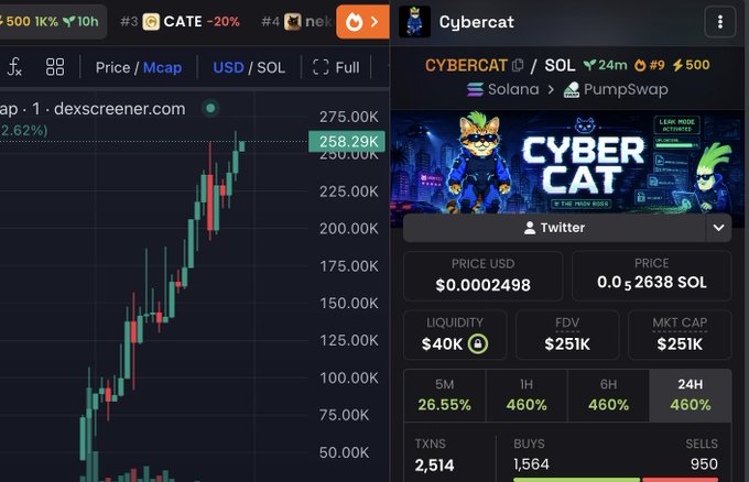 A cryptocurrency trading chart and token information panel displaying "CYBERCAT" with a price of $0.0002498 and a 460% gain over 24 hours, associated with a promotional post offering $PUMP rewards to the first 800 SOL addresses for the cat-themed token on Solana.
