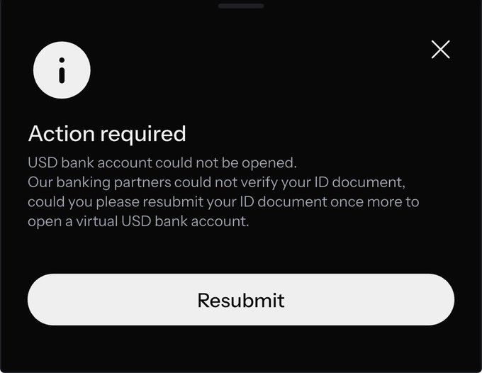 A dark mobile app notification screen displays an 'Action required' message stating 'USD bank account could not be opened. Our banking partners could not verify your ID document, could you please resubmit your ID document once more to open a virtual USD bank account,' with a 'Resubmit' button below.