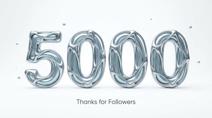 A glossy 3D chrome-rendered graphic displays "5000" with floating bubbles, captioned "Thanks for Followers," celebrating AstraDEX's milestone of reaching 5,000 followers ahead of its launch on Arc within 24 hours.