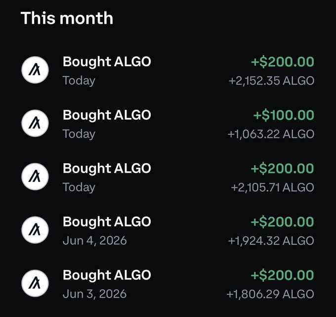 The image shows a table with columns for dates, amounts, and symbols representing different cryptocurrency exchanges. There are five rows of data, each representing a specific exchange. The first row indicates that the exchange was bought at $ALGO on June 4, 2016. The second row shows that the exchange was bought at $ALGO on May 6, 2016. The third row displays the exchange being bought at $ALGO on April 1, 2016. The fourth row shows that the exchange was bought at $ALGO on March 15, 2016. Finally, the fifth row indicates that the exchange was bought at $ALGO on February 28, 2016.