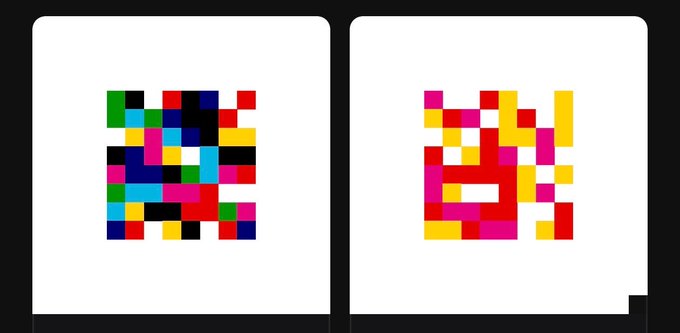 Two QR-code-like patterns on a black background; the left one contains a colorful grid of letters, while the right one is made of yellow, red, and pink squares.