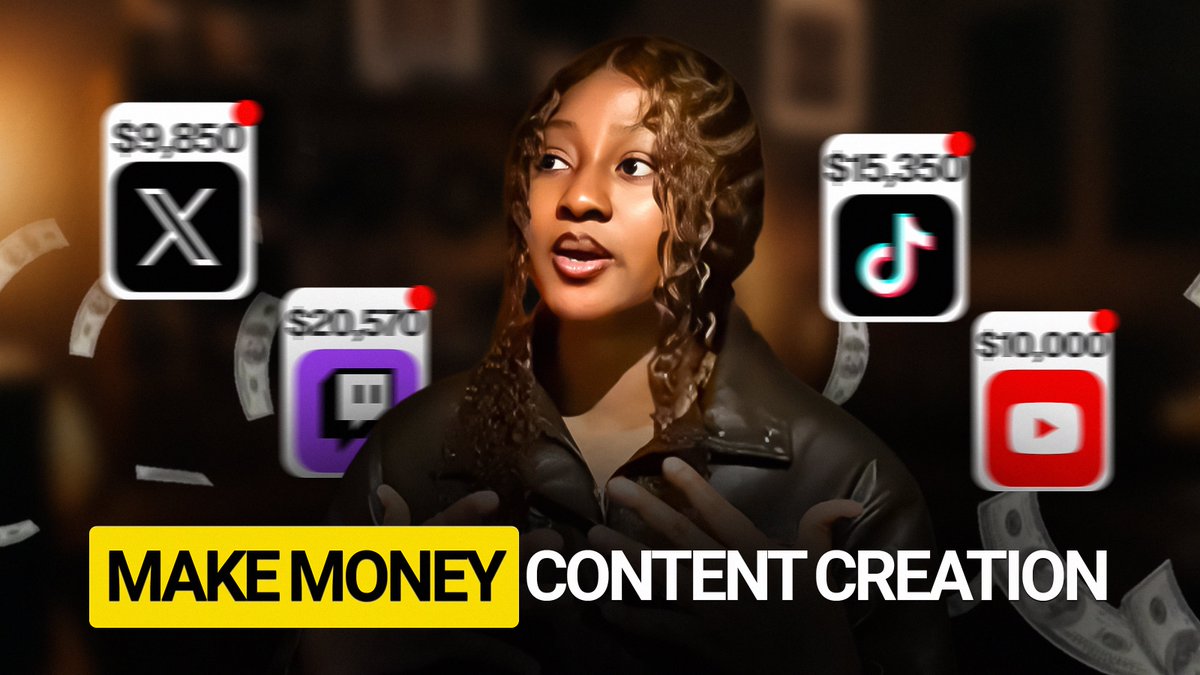 A YouTube thumbnail featuring a woman in a leather jacket surrounded by social media platform icons (X, Twitch, TikTok, YouTube) showing dollar amounts, with the text 'MAKE MONEY CONTENT CREATION'.
