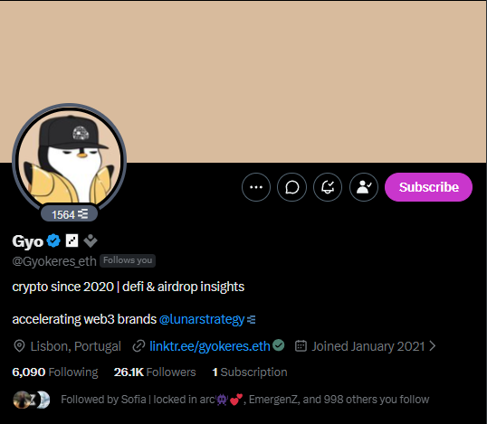 A Twitter/X profile for "Gyo" (@Gyokeres_eth) showing a penguin avatar, 26.1K followers, and a bio stating "crypto since 2020 | defi & airdrop insights" and "accelerating web3 brands @lunarstrategy." The post praises Gyokeres_eth as a top crypto content creator, and the image serves as the subject's profile being highlighted.