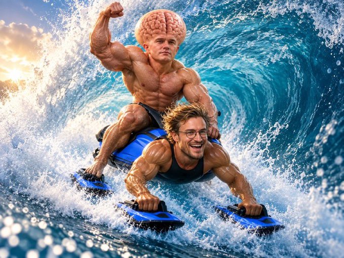 A surreal, AI-generated image of a muscular man with an exposed brain riding on the back of another muscular man who is bodyboarding on a large ocean wave.