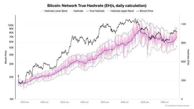 The chart titled “Bitcoin: Network True Hashrate (EH/s, daily calculation)” shows Bitcoin’s true hashrate and its lower/upper bands rising overall from roughly 300 EH/s in early 2023 toward 900–1,000 EH/s, alongside Bitcoin Price (black line) on the left axis. It visually supports the accompanying claim that Bitcoin hashrate has returned to an uptrend and miner activity remains strong, though the chart itself does not show public miners or institutional backing.