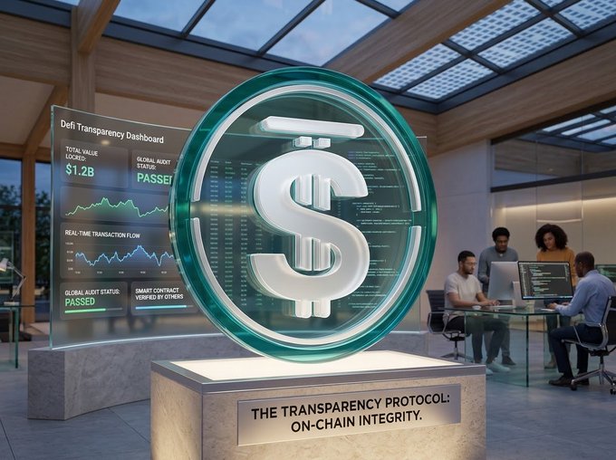 A futuristic office scene featuring a large glowing dollar sign ($) inside a circular display, alongside a transparent screen showing a 'DeFi Transparency Dashboard' with a 'Total Value Locked' of '$1.2B'. A plaque on the display reads 'THE TRANSPARENCY PROTOCOL: ON-CHAIN INTEGRITY.'
