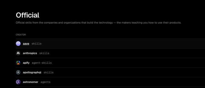 A screenshot of a webpage titled 'Official' listing skill creators including aave, anthropic, apify, apollographql, and astronomer on a dark background.