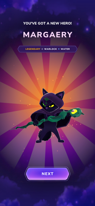 A mobile game screen announcing 'YOU'VE GOT A NEW HERO! MARGAERY' as a Legendary Warlock of the Water element, depicted as a hooded cat character holding a glowing staff.