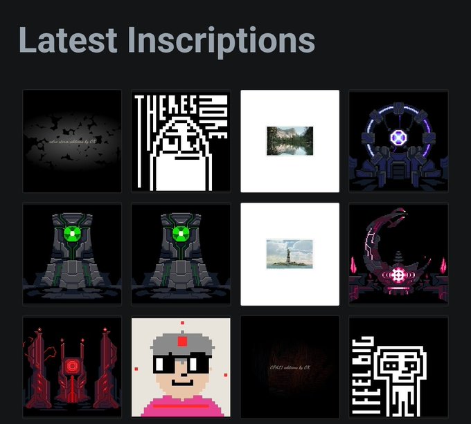 A dark-themed digital gallery titled 'Latest Inscriptions' displaying a grid of twelve small pixel-art and fantasy-themed NFT-style images including creatures, characters, and landscapes.