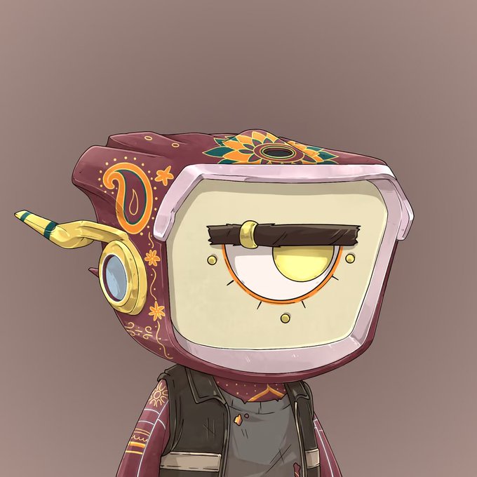 An illustration of a boxy robot character with a TV-like head, featuring ornate floral decorations on its reddish-brown casing, a single large eye, and wearing a gray vest.