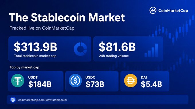 A CoinMarketCap dashboard displays the stablecoin market with a total market cap of $313.9B and 24h trading volume of $81.6B, led by USDT ($184B), USDC ($73B), and DAI ($5.4B). The graphic reinforces the post's point by visualizing the massive market that new entrants like Open USD are competing to capture.