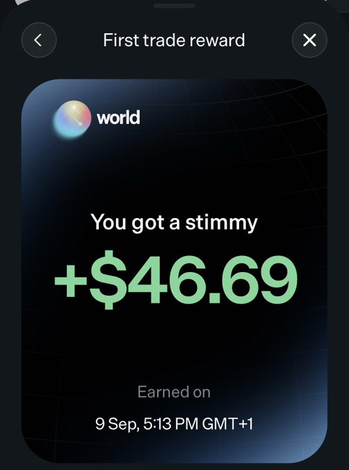 A screenshot from the World app displays a "First trade reward" notification showing a user received a $46.69 ("stimmy") on 9 Sep at 5:13 PM GMT+1. The image illustrates the type of reward users can earn by following the steps outlined in the accompanying post for claiming World Rewards through trade and prediction activities.
