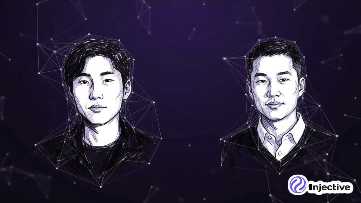 A digital artwork featuring stylized illustrated portraits of two men against a dark purple background with geometric network patterns, accompanied by the Injective logo in the bottom right corner.