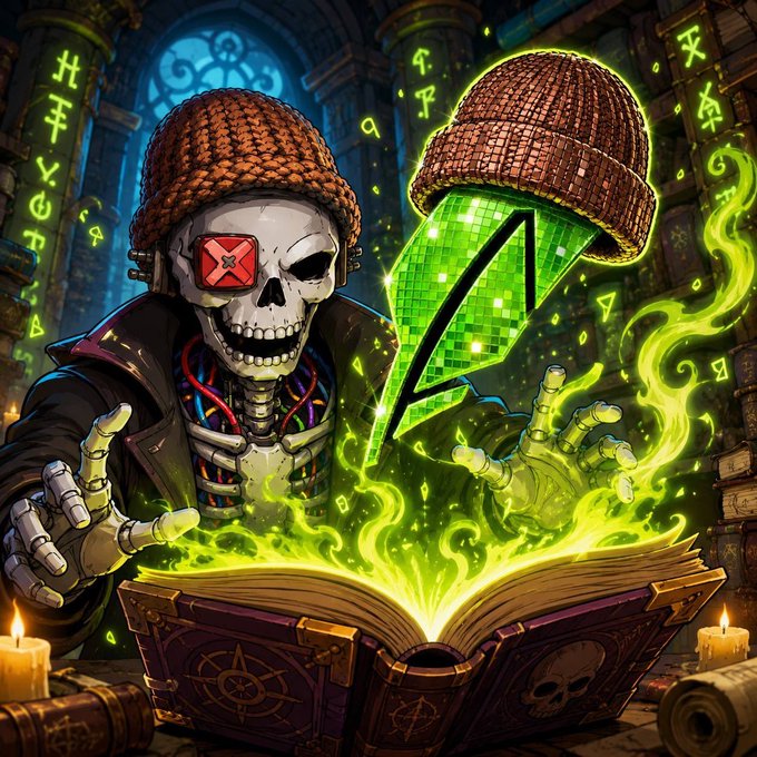 An illustration depicts a skeleton wearing a beanie and an eyepatch casting a spell from an open book, summoning a green, pixelated arrow wrapped in a beanie.