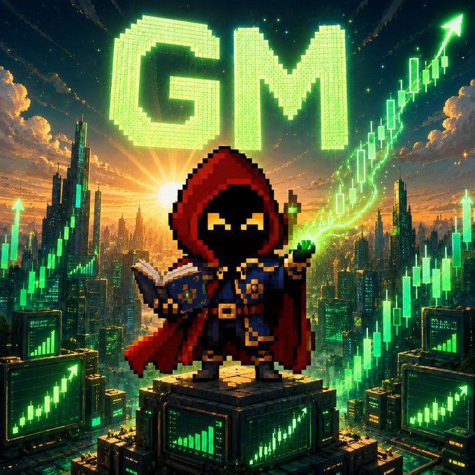 A pixel-art style digital illustration of a hooded mage figure holding a book and glowing magic, standing on a pedestal above a futuristic city, with a large green 'GM' text and rising stock chart in the background.